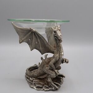 Metal Dragon Candle tart‎ Holder W/ Glass Dish Gothic Castle decor jewels statue